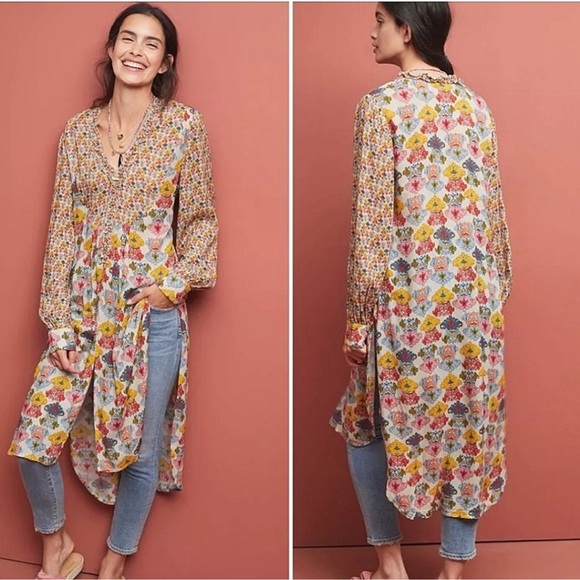 Anthropologie Tops - Anthropologie Multicolor Floral Long Blouse